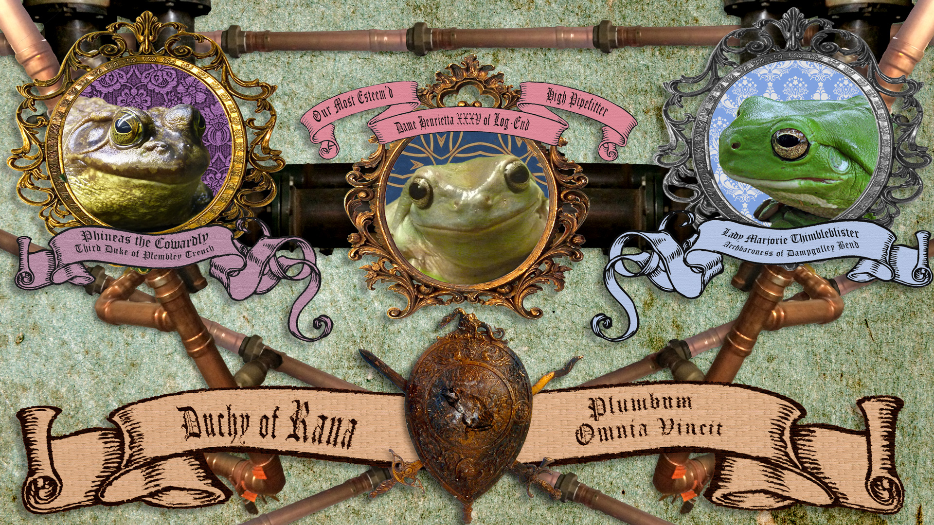 A collage featuring portraits of frogs over a framework of pipes will banners containing text