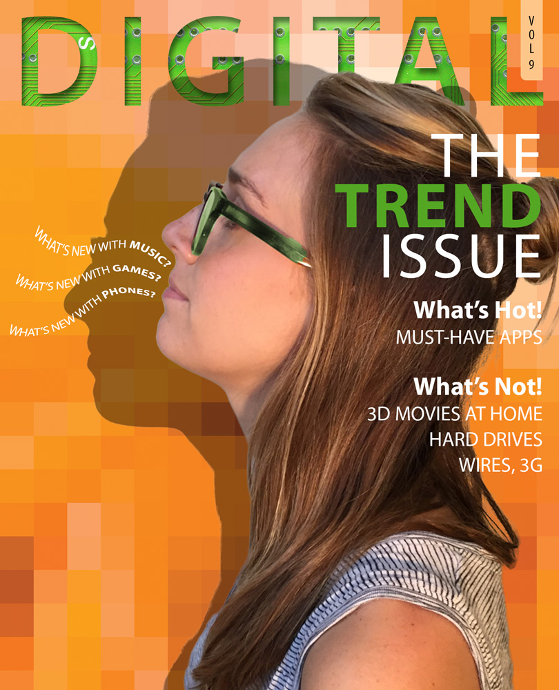 a magazine cover featuring a young adult human in profile with tilted head and text concerning technology topics