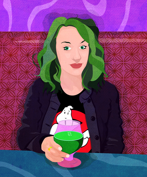 An illustration of a young woman sitting in a booth holding a drink